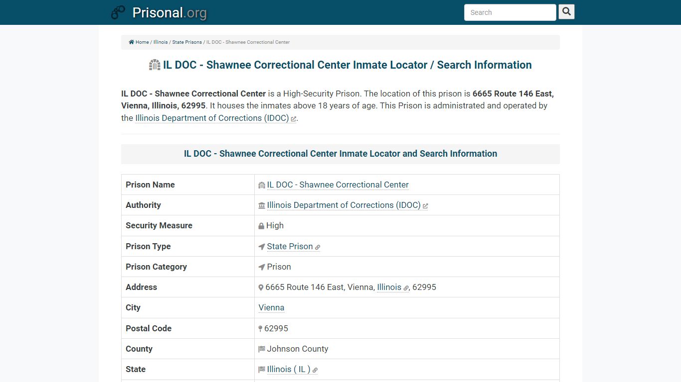 IL DOC - Shawnee Correctional Center-Inmate Locator/Search ...